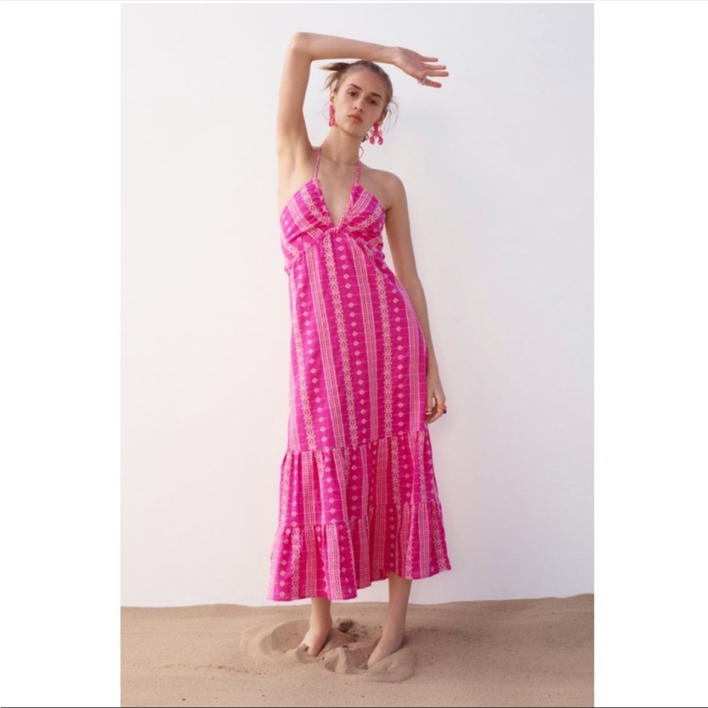 Zara pink and white eyelet embroidered maxi dress